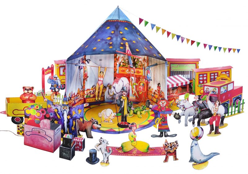 Zirkus Bastelbogen Ausschneidebogen Modellbau für Kinder Papertoys Zirkuszelt mit Manege