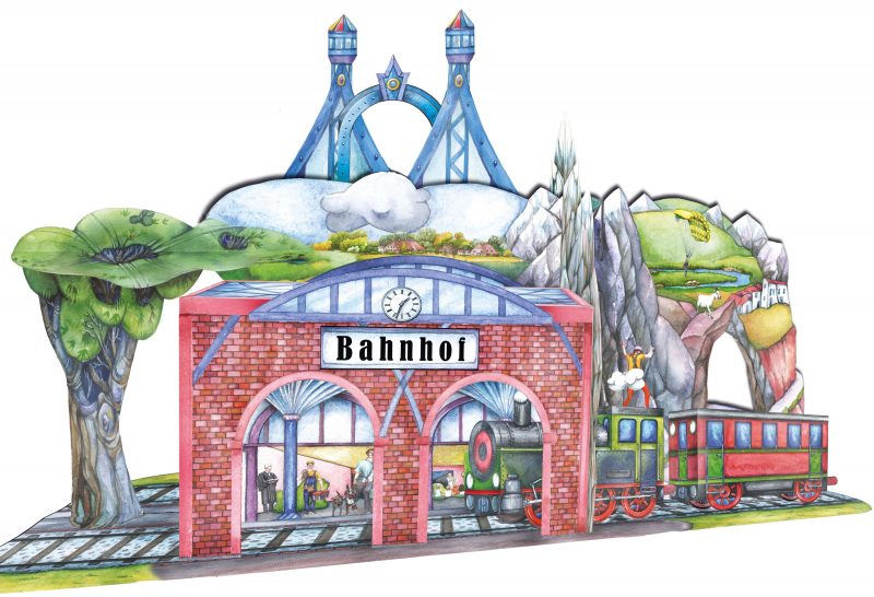 Eisenbahn Bastelbogen mit Bahnhof für Kinder zum Ausschneiden, Basteln und Spielen mit der Holzeisenbahn