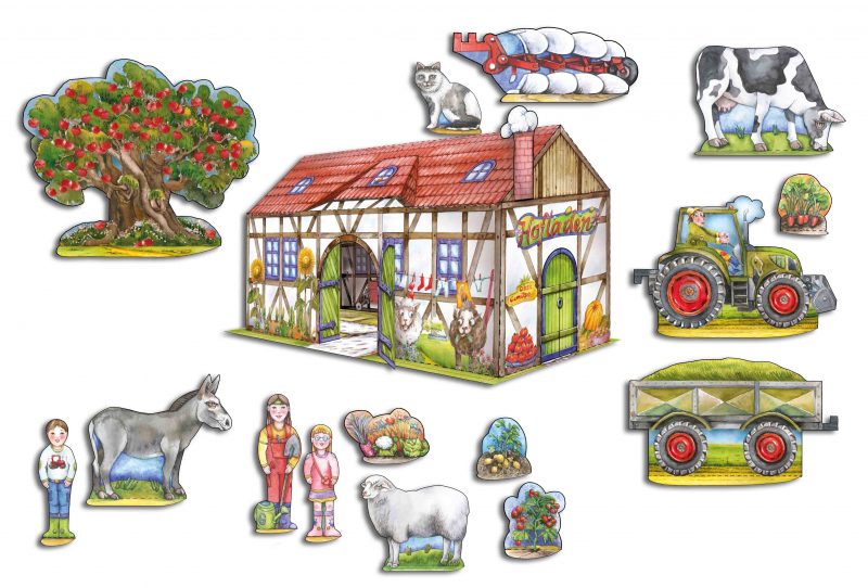 Bauernhof Bastelbogen basteln mit Kindern aus Papier Traktor und Tiere